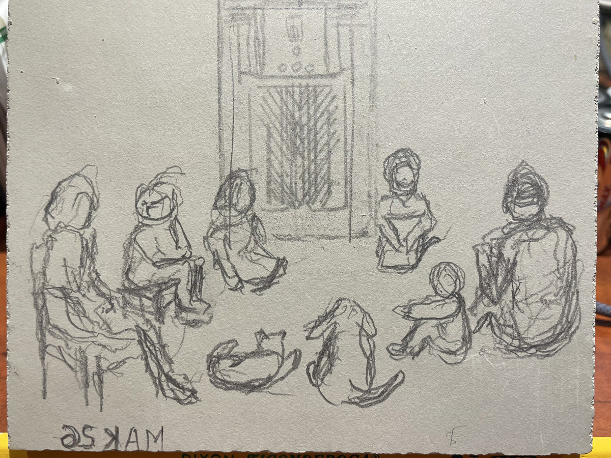 A sketch on a linoleum block by Jordan Makower titled "Family Radio Time." The image depicts a memory-based scene of a family gathering indoors. Several figures, including adults and children, are seated in a relaxed semicircle on the floor and in chairs within a room.