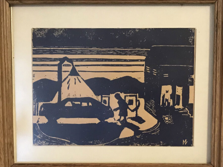 This is the very first linoleum block print done by Jordan Makower. It was done in 1970, of a sight I saw while commuting at 6:30 AM from Connecticut to New York State.