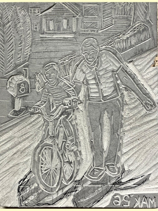 A carved linoleum block for printing of a man teaching a kid to ride a bicycle.