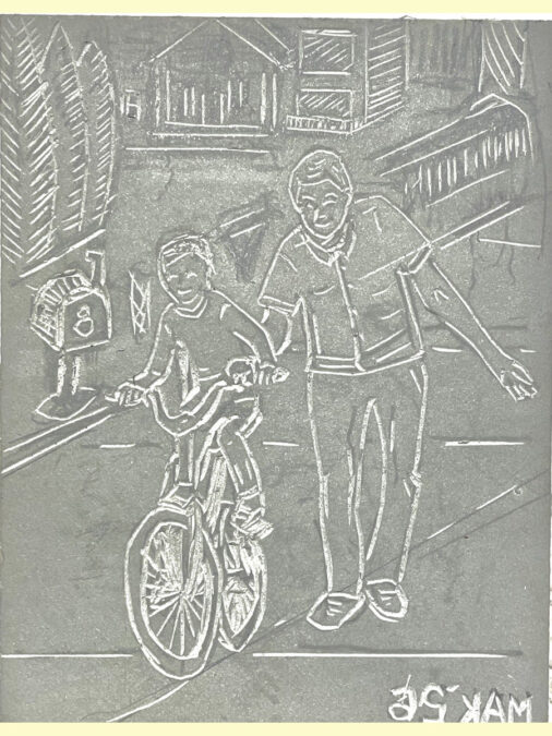 A carved outline on a linoleum block for printing of a man teaching a kid to ride a bicycle.