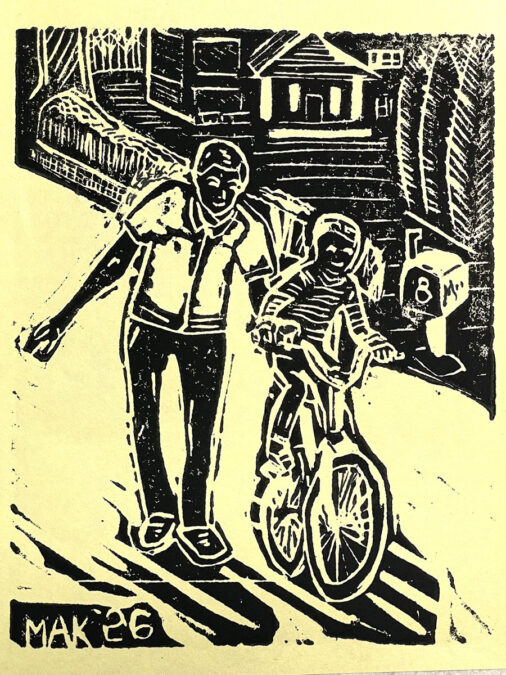 A final linoleum block print of a man teaching a kid to ride a bicycle.