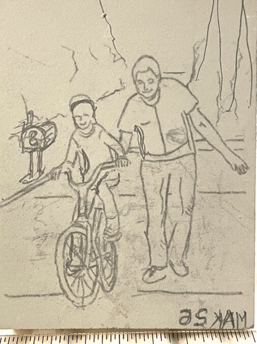 A linoleum block sketch for printing of a man teaching a kid to ride a bicycle.