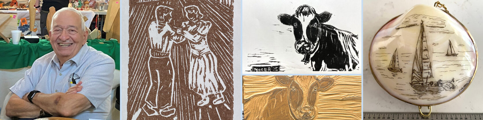 A collage of photos for the gallery: Jordan Makower and his block-printing projects. The photo also includes a scrimshaw with boats in the sea.