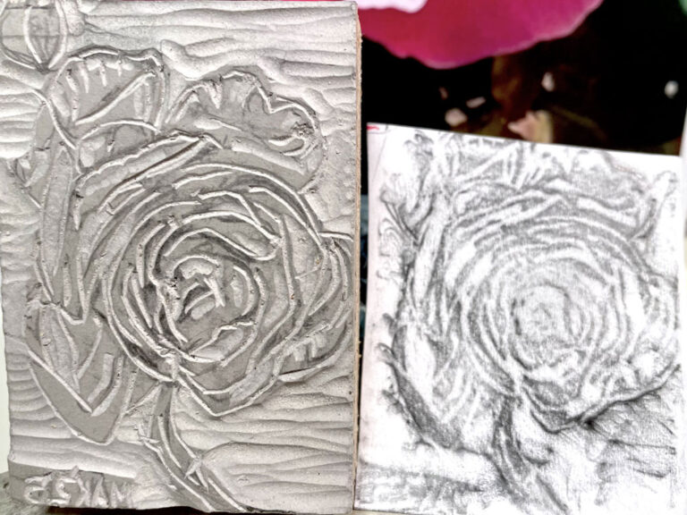 Linoleum block print of a rose, made by Jordan Makower. April 2025.