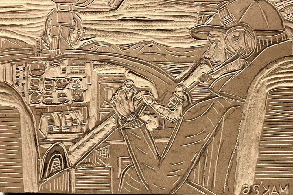 Carved linoleum block titled Joey, The Pilot, showing an airliner cockpit console with gauges and a pilot in a headset. The light tan relief surface includes a reversed MAK '26 signature.