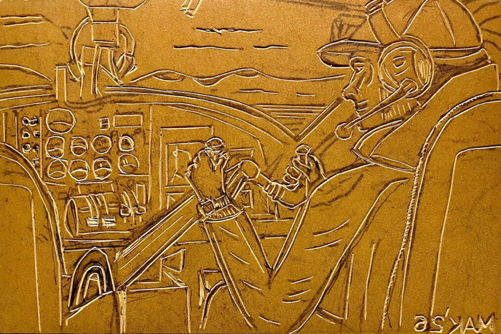 A carved linoleum relief block depicting a pilot in an airliner cockpit with gauges and a control yoke, shown in mirror-reverse with a reversed MAK '26 signature.
