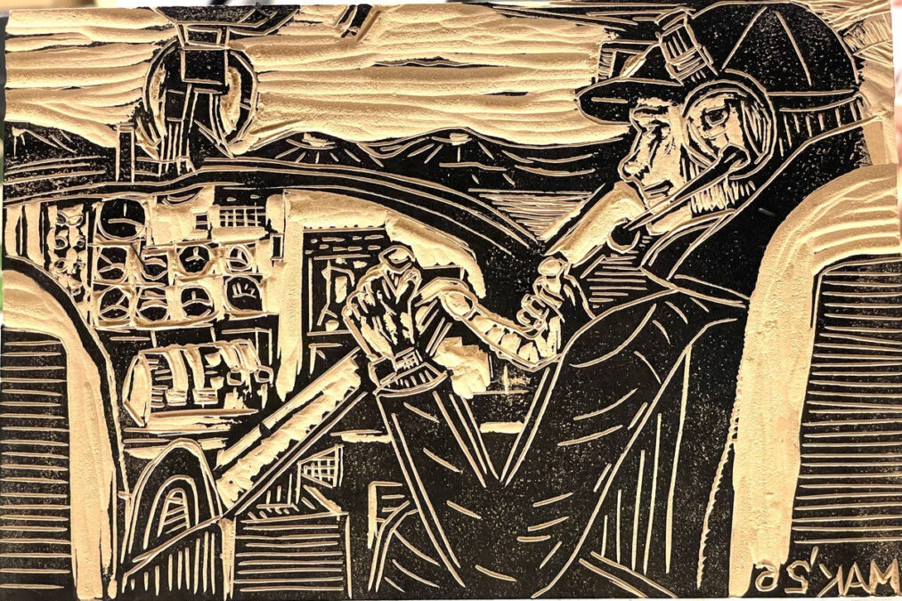 Inked linoleum block by Jordan Makower depicting a pilot in profile and complex cockpit gauges. The relief image is mirror-reversed and signed MAK '26.