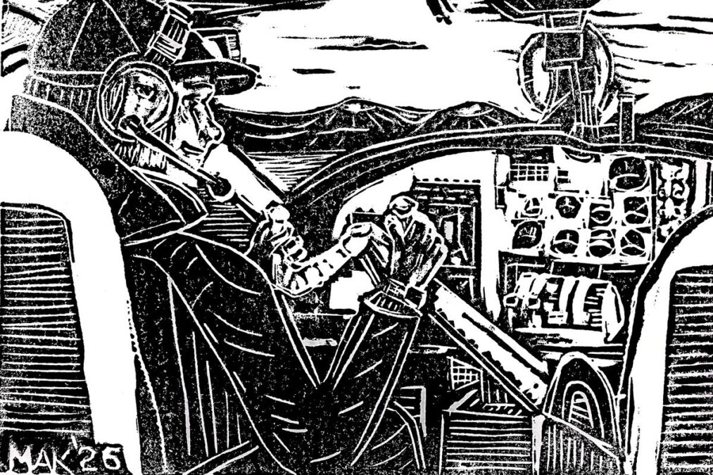 Linoleum block print by Jordan Makower of an airliner cockpit with a pilot and dense instrument panels, signed MAK '26 in the bottom left.