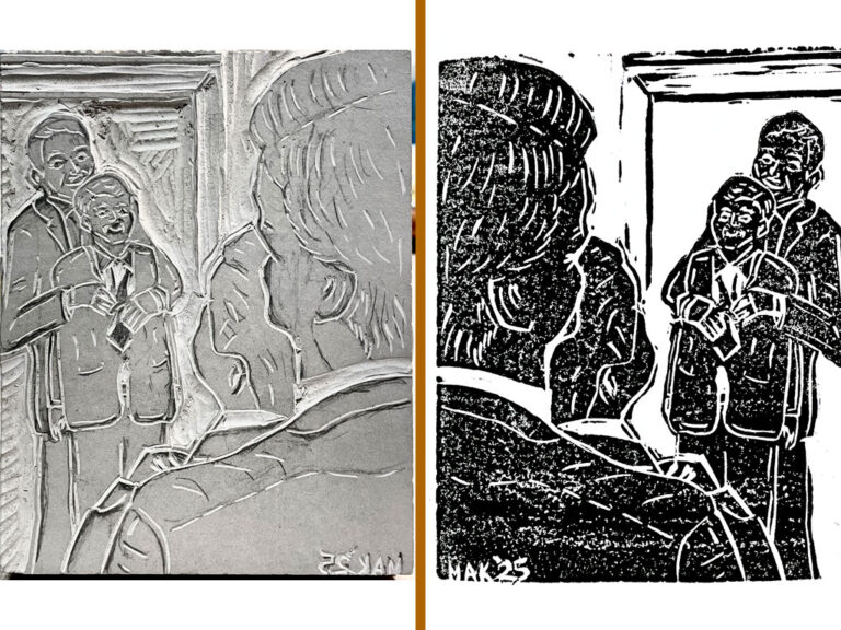 Linoleum block print, made by Jordan Makower. April 2025.