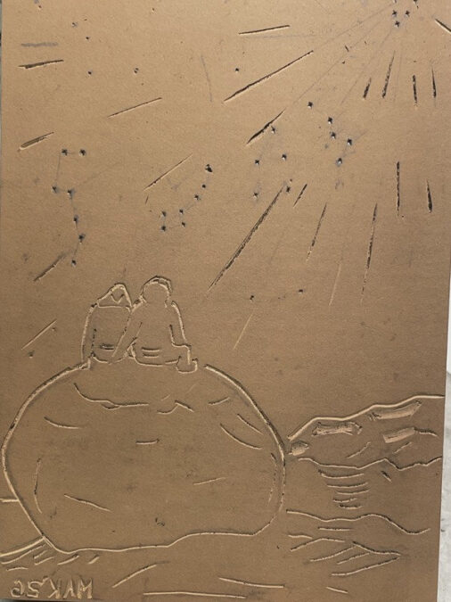 Tan linoleum block in the outline carving stage depicting two figures on a boulder beneath a meteor shower, featuring Jordan Makower's reversed signature MAK '26.