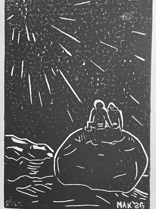 Linoleum block print by Jordan Makower showing two figures on a boulder gazing at the Perseid meteor shower and stars in a Northern Washington State glacial landscape.
