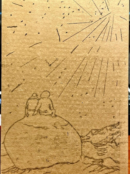 Pencil sketch on a light tan linoleum block for Jordan Makower's Kids & Perseids project, depicting figures on a boulder under a starry sky with radiating meteors.