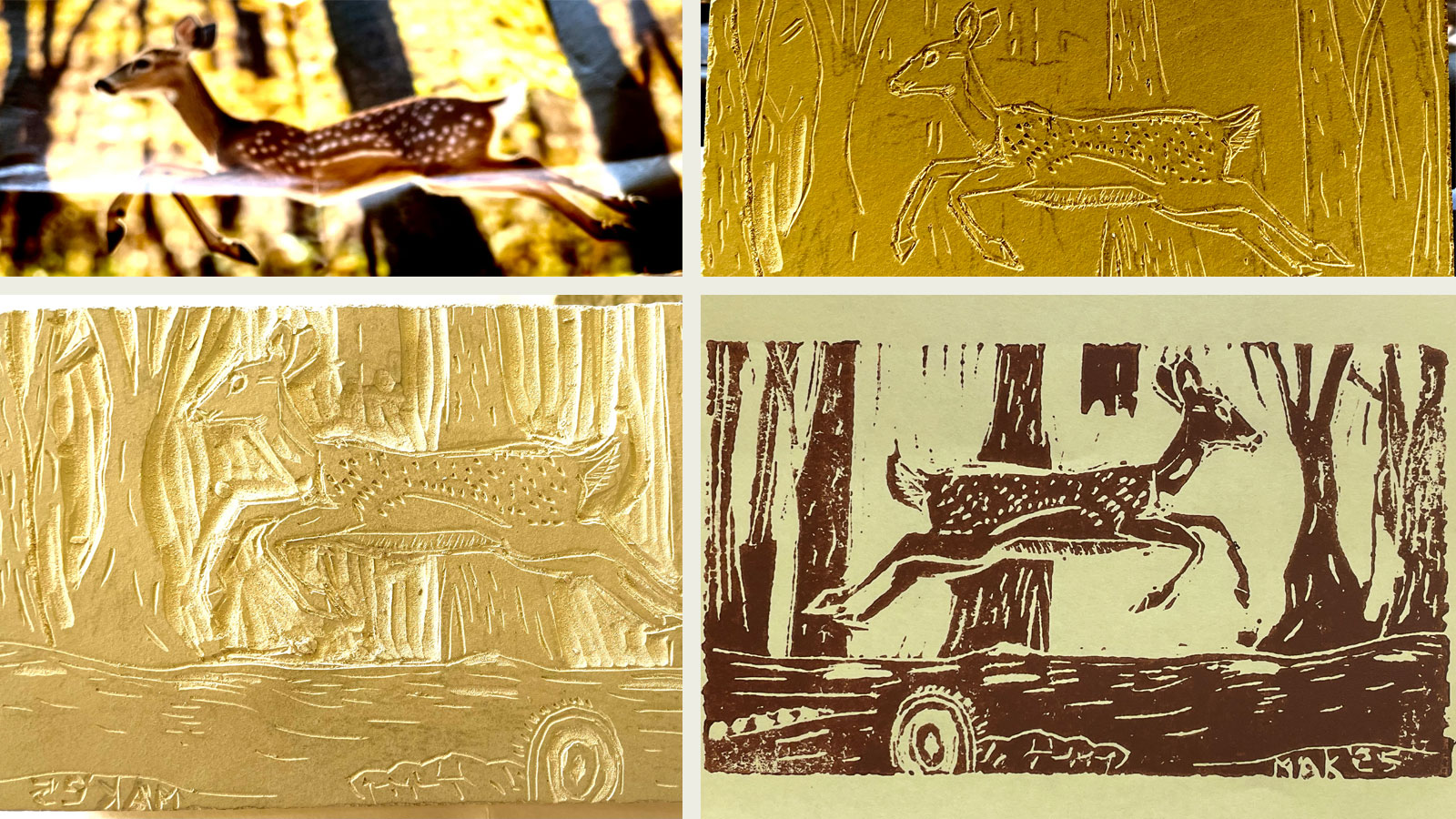 A carved linoleum block and a final print by Jordan Makower.