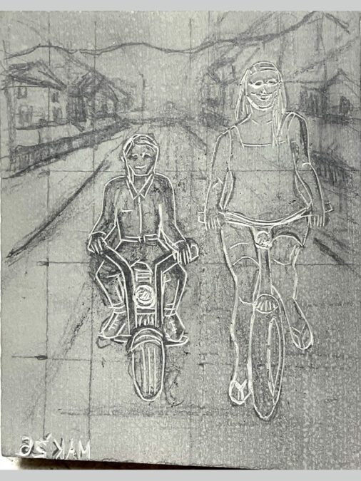 A partially carved outline on a linoleum block for printing of a minibike rider and a bicycle rider.