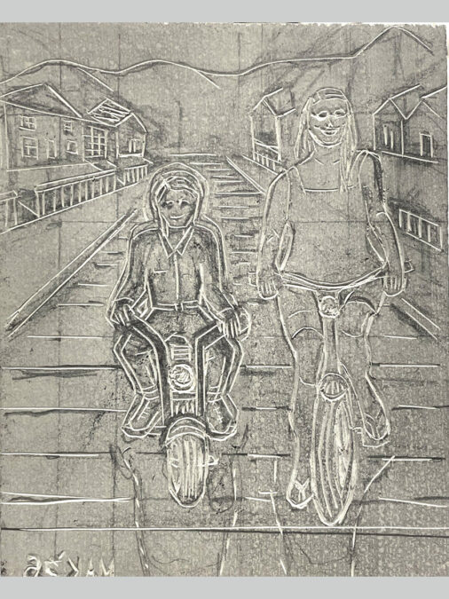 A partially carved outline on a linoleum block for printing of a minibike rider and a bicycle rider.