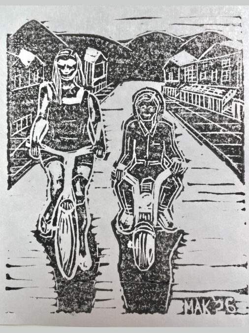 A final print from a carved linoleum block for printing of a minibike rider and a bicycle rider.