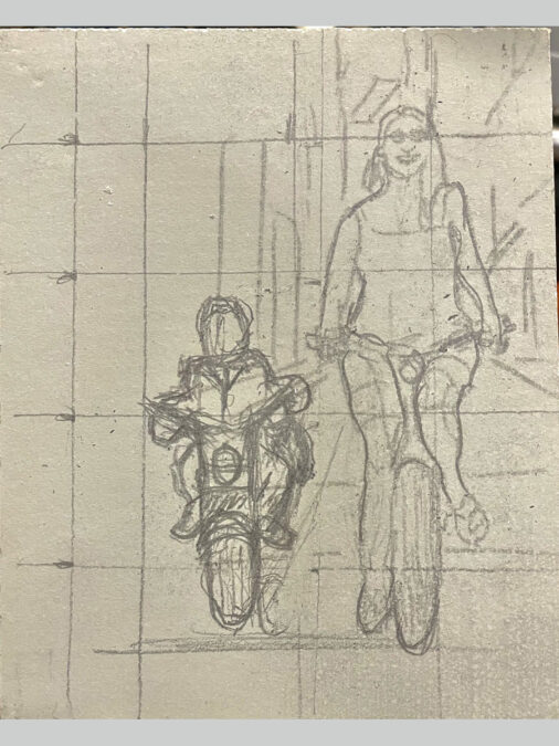 A linoleum block sketch for printing of a minibike rider and a bicycle rider.