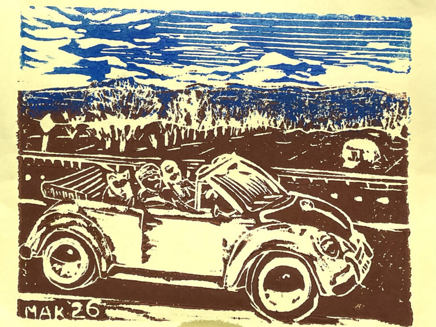 Brown and blue linoleum block print on yellow paper.