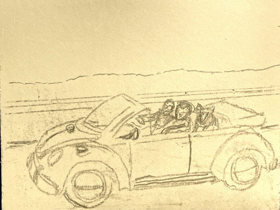 A sketch of a car with two passengers and their dog for linoleum block carving and printing.