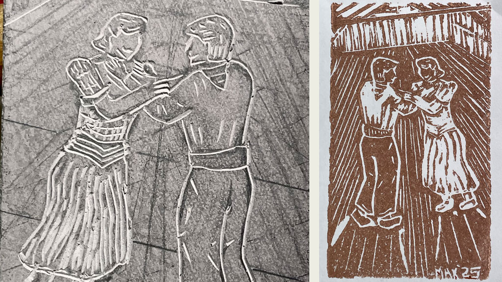 A carved linoleum block and a final print by Jordan Makower. Photo for the SCVC woodcarving newsletter.
