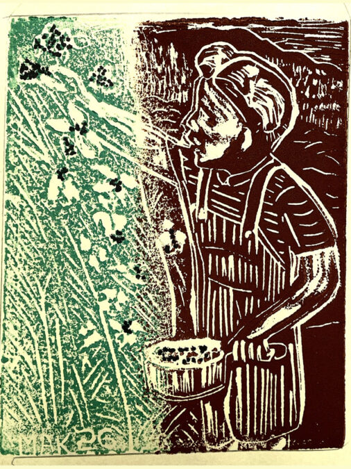 A multi-color print from a carved linoleum block of a kid picking blackberries.