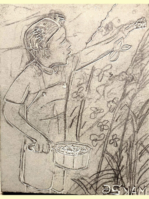 A partially carved linoleum block for printing of a kid picking blackberries.