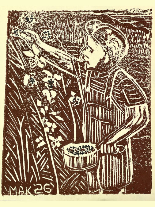 A final print from a carved linoleum block of a kid picking blackberries.