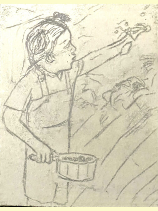 A sketch on a linoleum block for carving and printing of a kid picking blackberries.