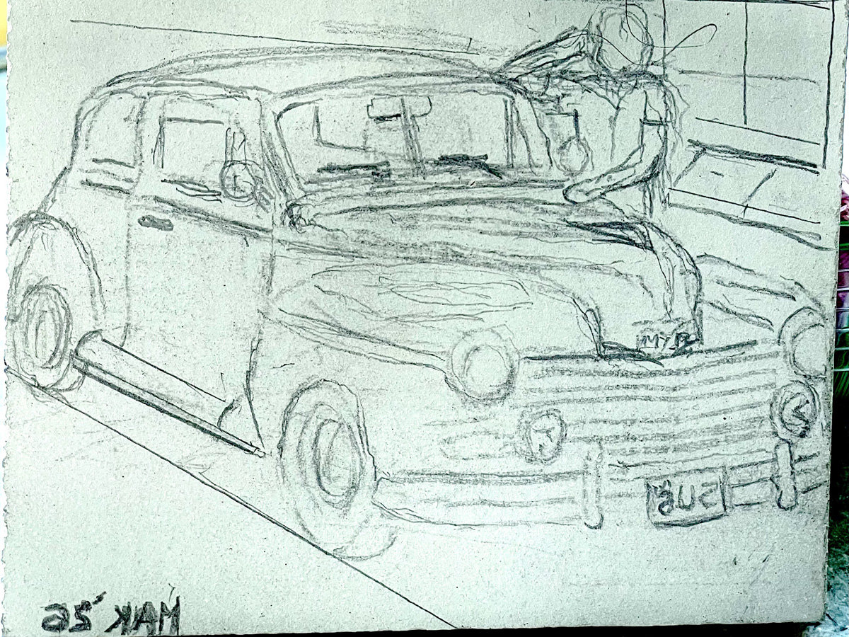 A sketch on a linoleum block depicting a vintage sedan, identified by the filename as a Plymouth Deluxe, angled toward the right. A figure leans casually against the hood of the car, looking upward with one hand near their head. The vehicle features prominent rounded fenders, large headlights, and horizontal grille slats, with a license plate reading "5115" visible on the front bumper.