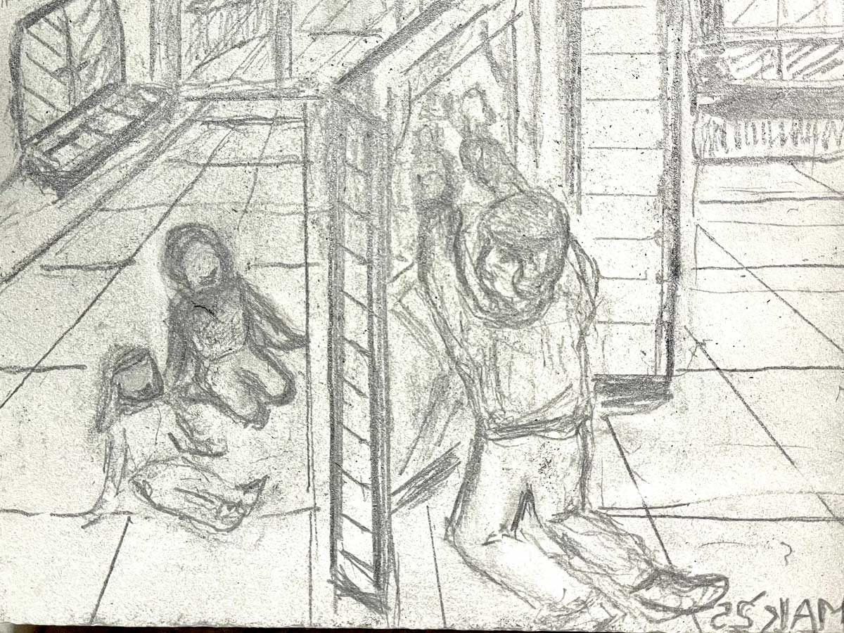 A sketch for later carving into a linoleum block for printing.