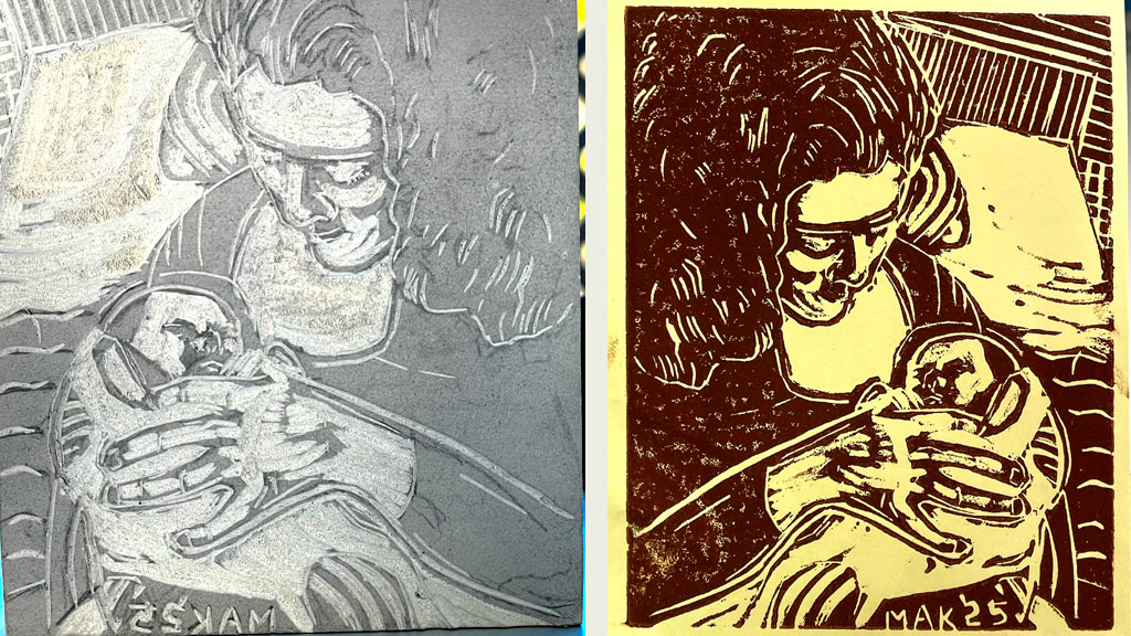 A carved linoleum block and a final print by Jordan Makower.