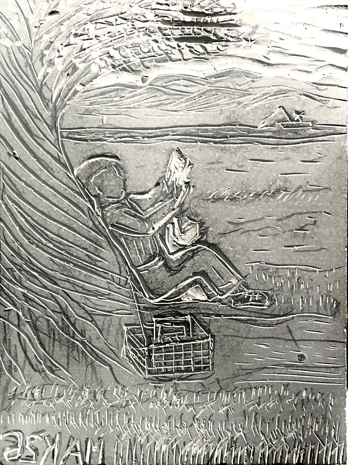 A carved linoleum block by Jordan Makower depicting a summer scene based on memory. The image shows a figure relaxing in a folding lawn chair near the edge of a body of water, with a picnic basket resting on the ground nearby. In the background, calm waters stretch toward distant mountains where a small sailboat is visible.