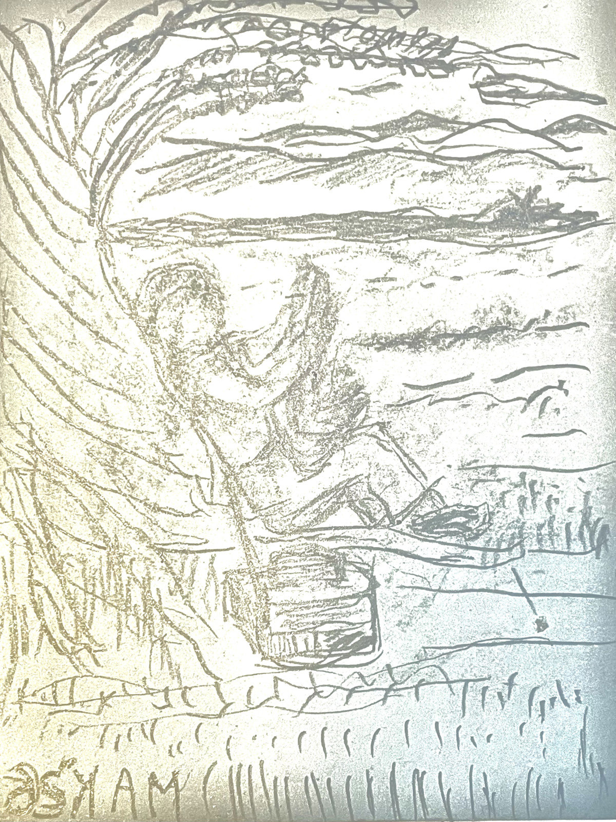 A sketch on a linoleum block by Jordan Makower depicting a summer scene based on memory. The image shows a figure relaxing in a folding lawn chair near the edge of a body of water, with a picnic basket resting on the ground nearby. In the background, calm waters stretch toward distant mountains where a small sailboat is visible.