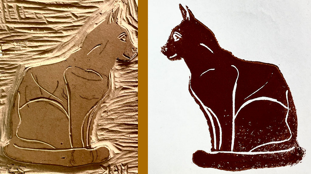 Linoleum block print of a cat, made by Jordan Makower. April 2025.