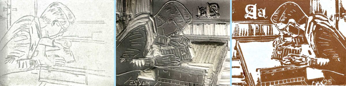 A collage of a linoleum block and a print used in the article.