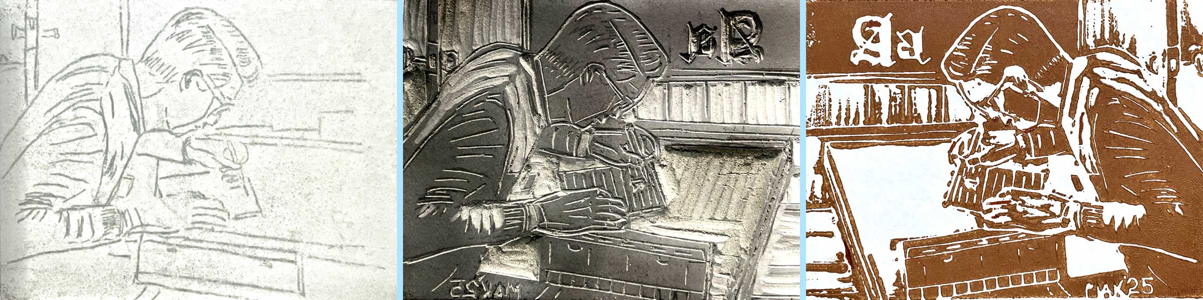 A collage of a linoleum block and a print used in the article.