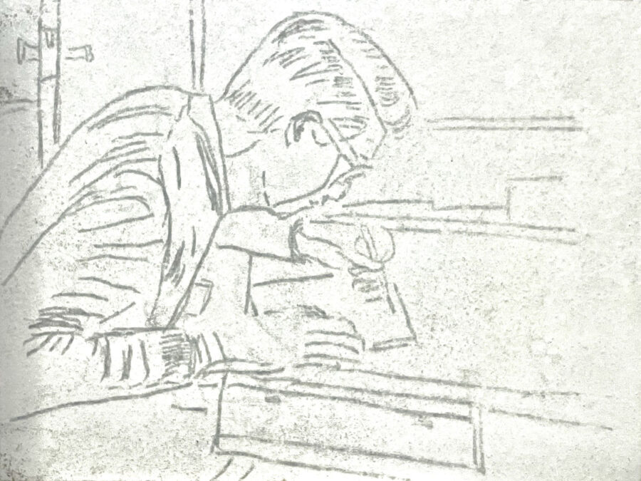 Sketch to be carved on the linoleum block for printing.