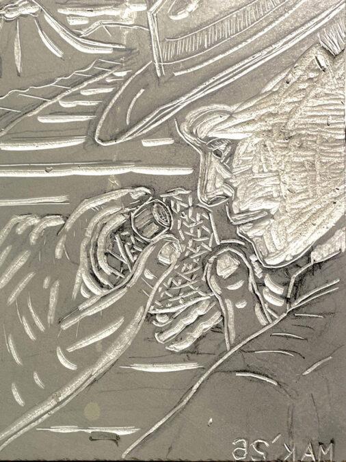 A close-up photograph of a carved linoleum block titled "The Geologist" by artist Jordan Makower. The relief carving depicts two figures in profile facing one another; the figure on the right wears a cap and has textured, weathered features, while the figure on the left appears to have long hair and wear glasses. The artist's signature, "MAK '26," is incised into the bottom right corner.