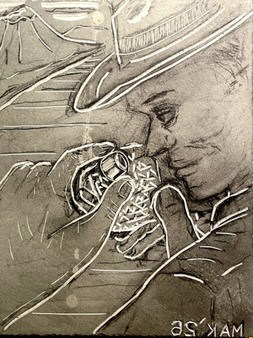 An outline linoleum block carving titled "The Geologist" depicting a figure in profile wearing a brimmed hat, looking down at hands that appear to be tying a shoelace or adjusting gear. The signature "MAK '26" is visible in the bottom right corner.