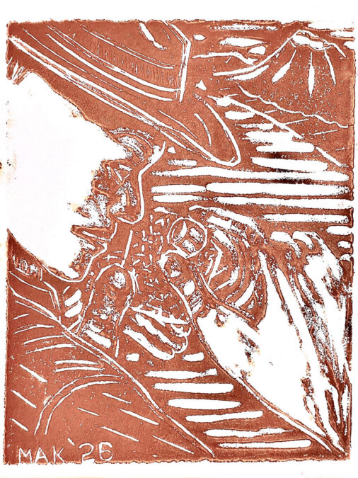 A reddish-brown linoleum block print depicting a rugged cliff face with geological strata and an embedded fossilized bone or skeleton. The artwork uses bold, carved white lines to define the rock's texture against the brown background and is signed "MAK '26" in the bottom left corner.