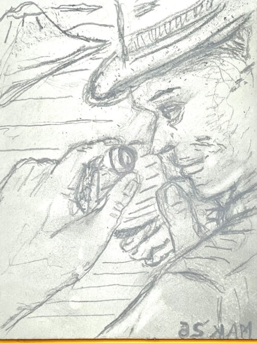 A pencil sketch titled "The Geologist" by artist Jordan Makower. It depicts a figure wearing a brimmed hat, closely examining an object held in their hands. This image serves as a preparatory drawing for a linoleum block printing project.