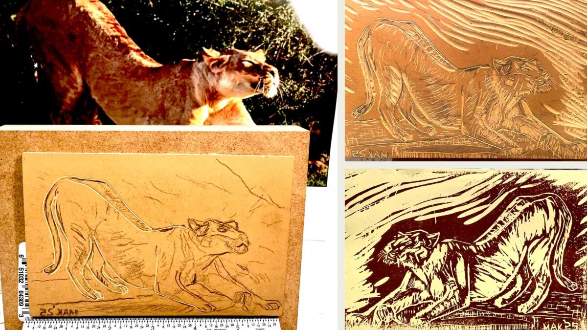 A carved linoleum block and a final print by Jordan Makower.