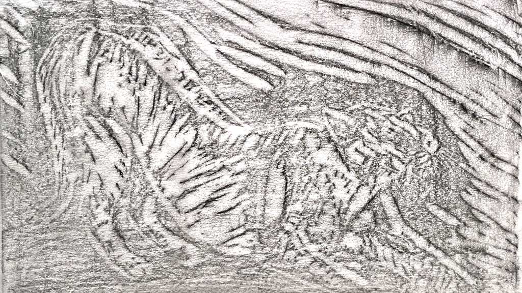 A carved linoleum block and a final print by Jordan Makower.