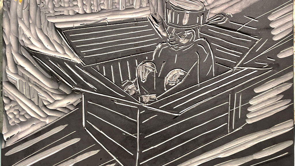 A carved linoleum block depicting a child in a cardboard box pretending to be a car.
