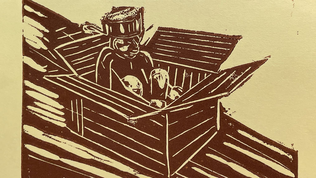 A linoleum block print depicting a child in a cardboard box pretending to be a car.