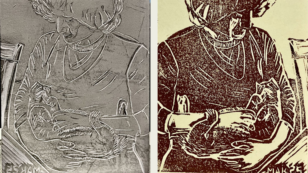 A carved linoleum block and a final print by Jordan Makower.