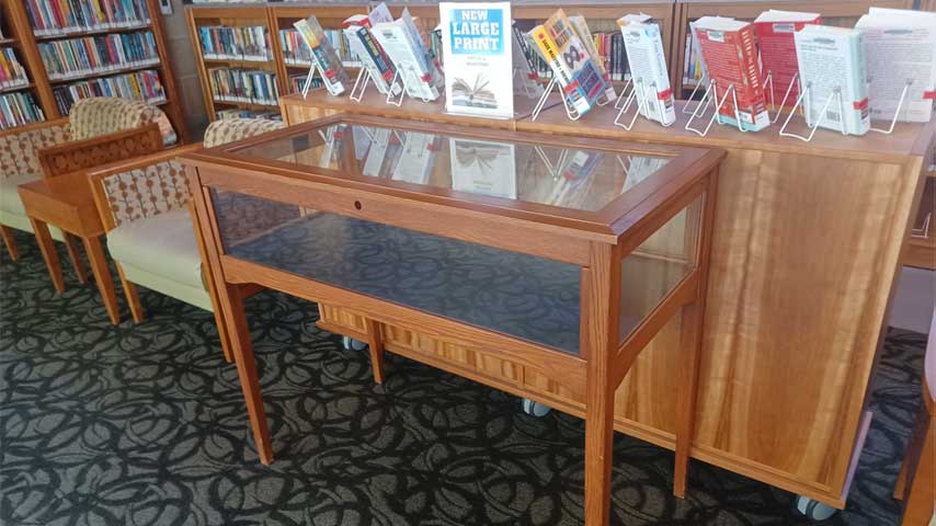 An empty display case at the local library.