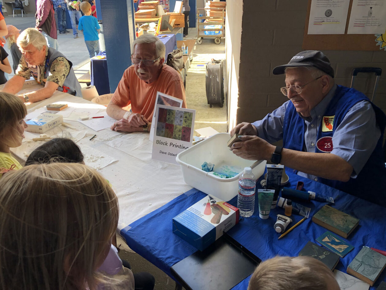 Soap carving demonstration and linoleum block printing with kids at the local elementary school
