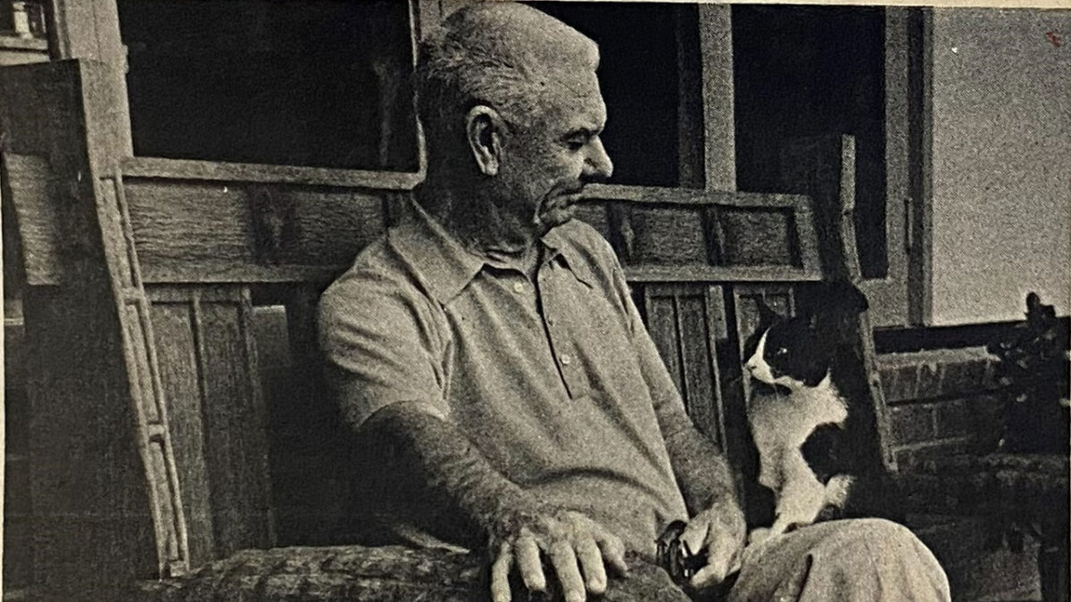 Lucien Dean Hertert is sitting with his cat on a bench that he built in his Cupertino workshop in 1973.