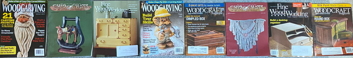 A picture with 8 woodcarving and woodworking magazine covers